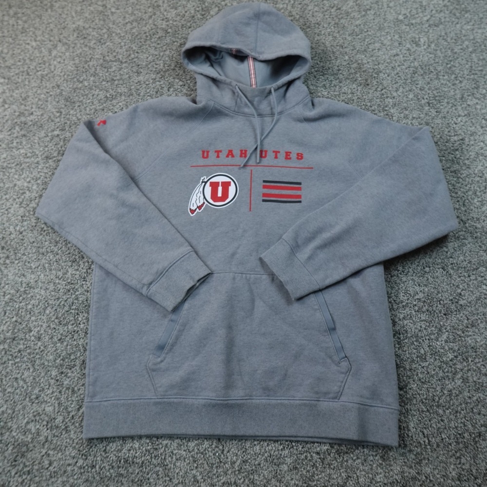 Utah Utes Hoodie Mens L Gray Under Armour NCAA College Football Logo Sweatshirt